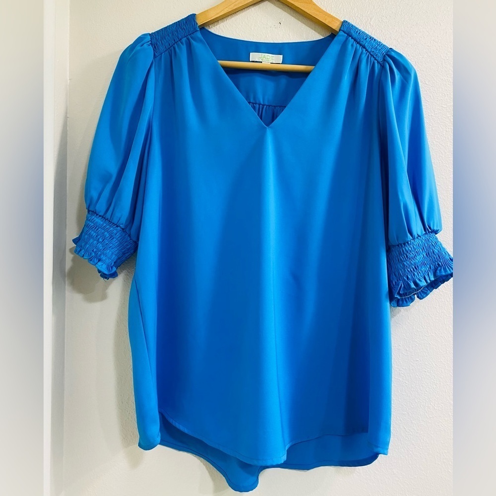 Jade Blue V-Neck Flowy Balloon Sleeve Blouse Medium